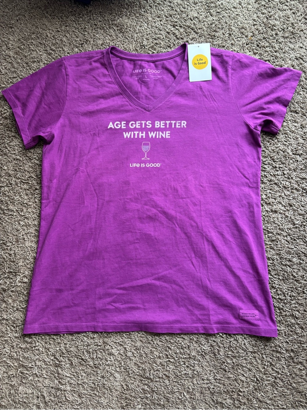 Life Is Good Purple V‑neck Tee with White Text